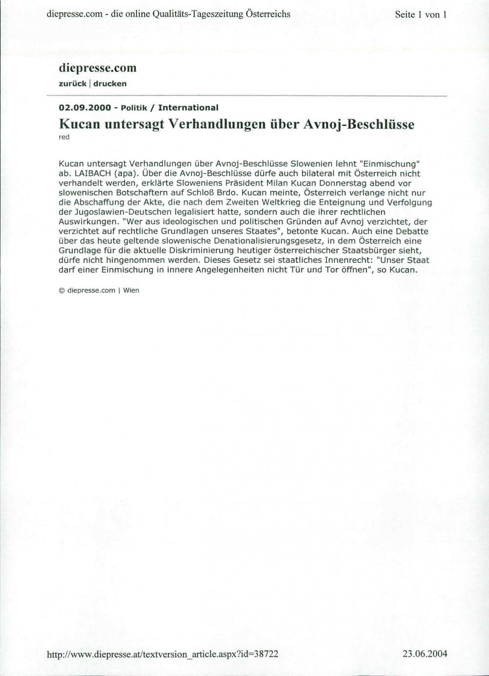 Kucan untersagt Verhandlungen über Avnoj... - nosilna