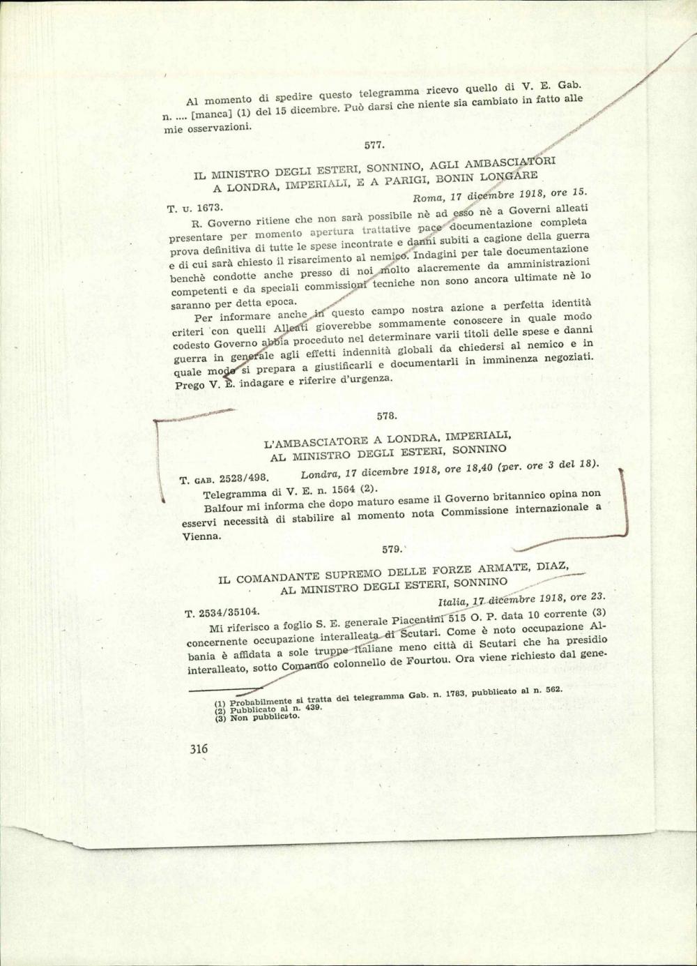 L'ambasciatore a Londra, Imperiali al ministro degli esteri, Sonnino