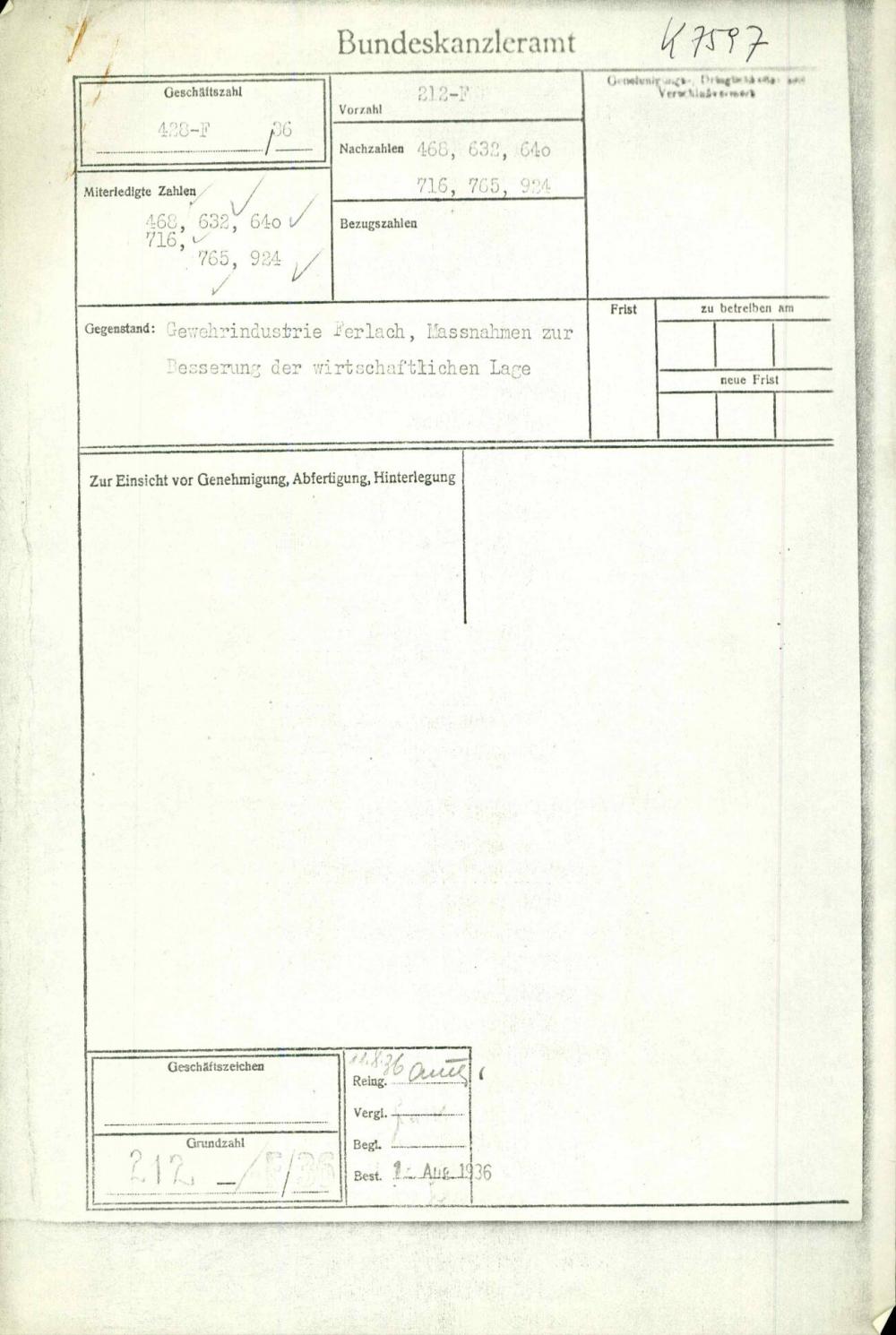 Dopis: Gewehrindustrie Ferlach, Massnahmen zur Besserung der wirtschaftlichen Lage