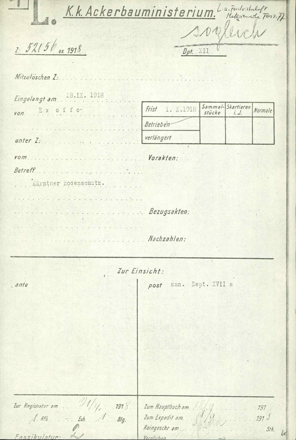 Dopis: Kärntner Bodenschutz, 18. 9.1918 - nosilna