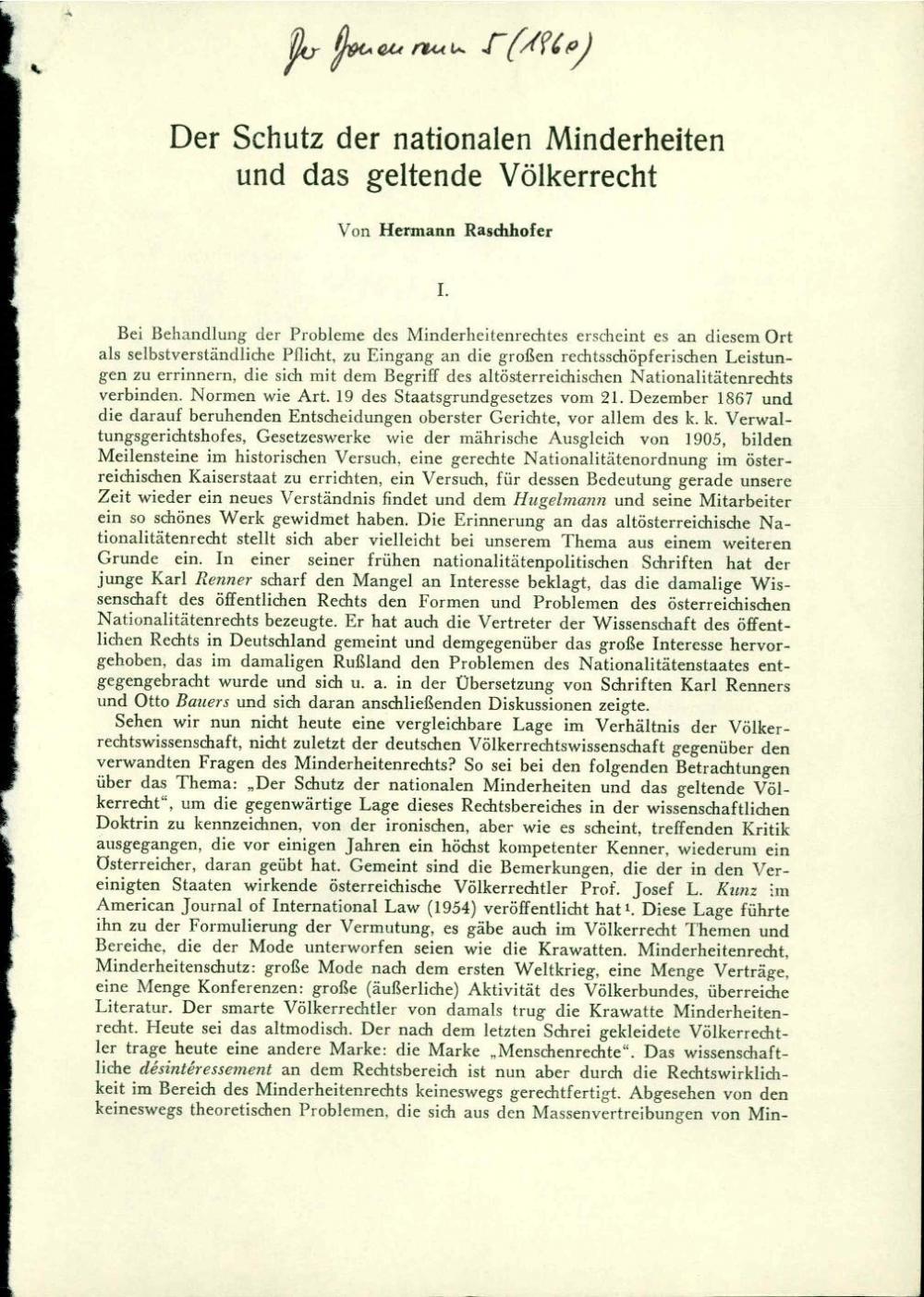 Der Schutz der nationalen Minderheiten und das geltende Völkerrecht