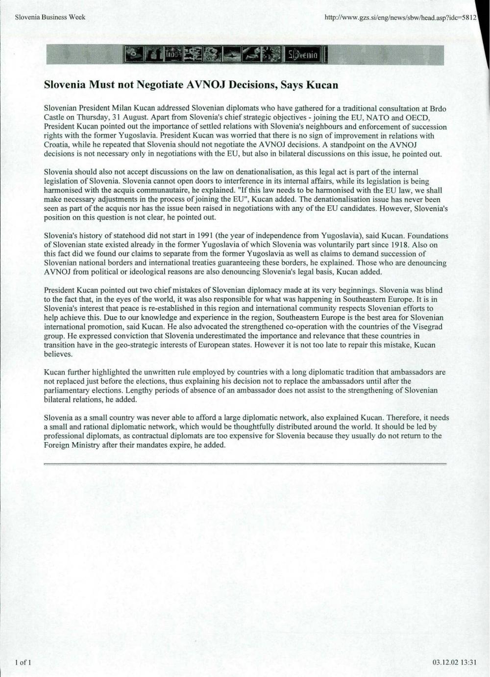 Slovenia Must not Negotiate AVNOJ Decisions, Says Kucan