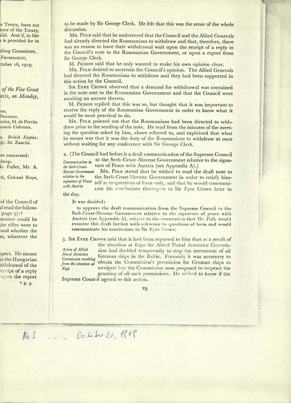 Notes of a Meeting of the Heads of Delegations of the Five Great Powers Held in M. Pichon's Room, Quai d'Orsay, Paris, October 16, 1919
