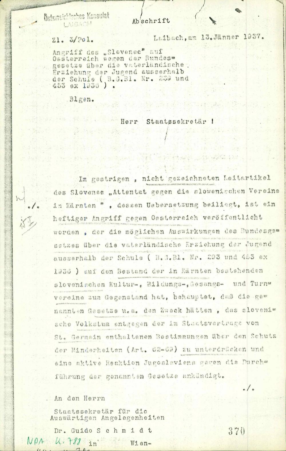 Dopis: Angriff des »Slovenec« auf Österreich wegen der Bundesgesetze über die vaterländische Erziehung der Jugend ausserhalb der Schule (B. G. Bl.  Nr. 239 und 453 ex. 1936)