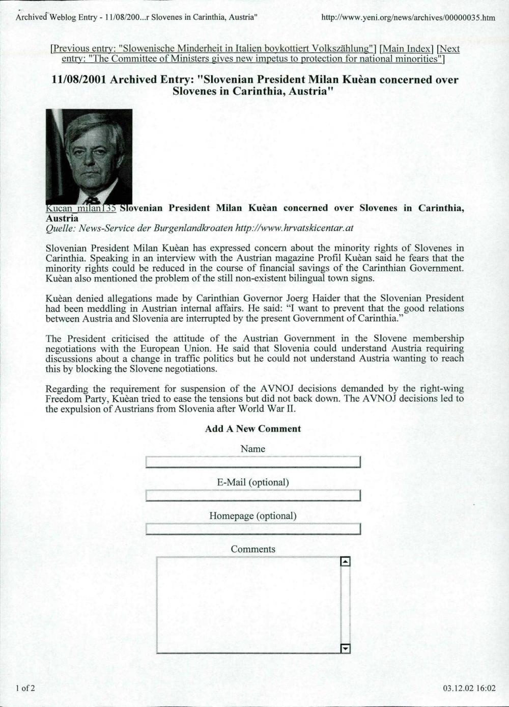 "Slovenian President Milan Kučan concerned over Slovenes in Carinthia, Austria"