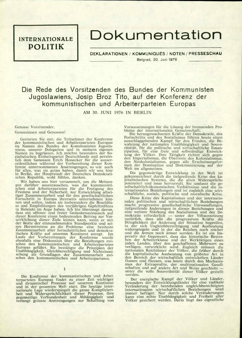 Die Rede des Vorsitzenden des Bundes der Kommunisten Jugoslawiens, Josip Broz Tito, auf der Konferenz der kommunistischen und Arbeiterparteien Europas