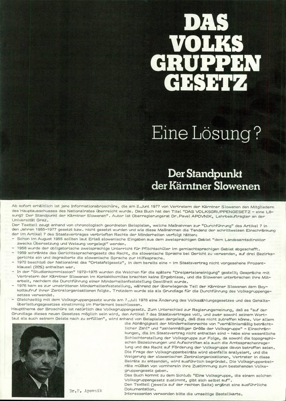 Das Volksgruppengesetz - eine Lösung? : Der Standpunkt der Kärntner Slowenen