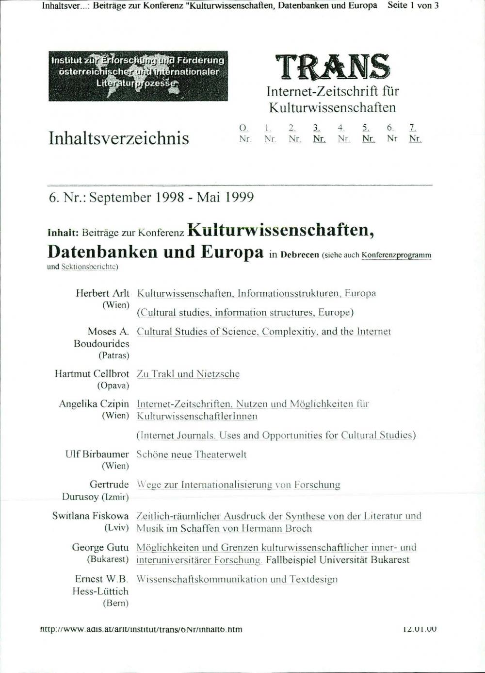 TRANS – Internet Zeitschrift für Kulturwissenschaften: Inhaltsverzeichnis / vsebina, Nr. 6