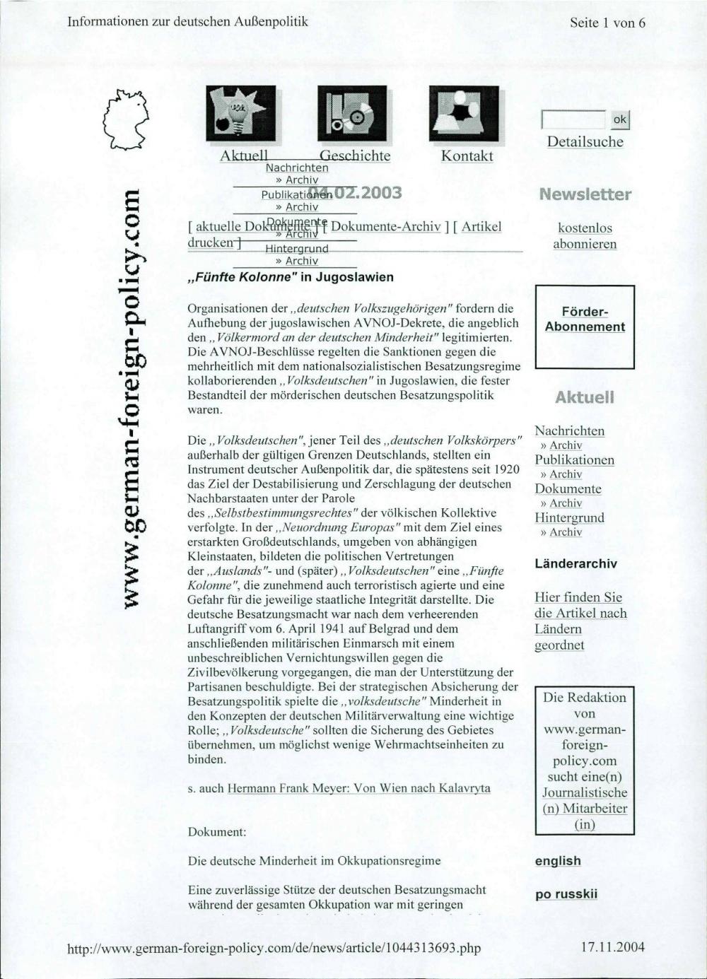 »Fünfte Kolonne« in Jugoslawien