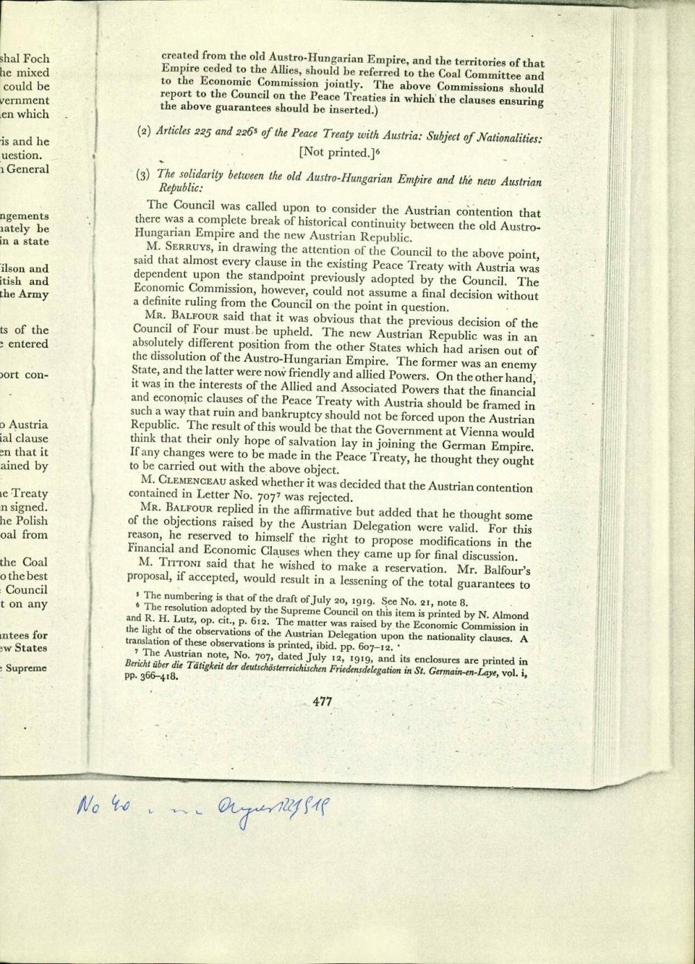 Notes of a Meeting of the Heads of Delegations of the Five Great Powers Held in M. Pichon's Room, Quai d'Orsay, Paris, August 22, 1919