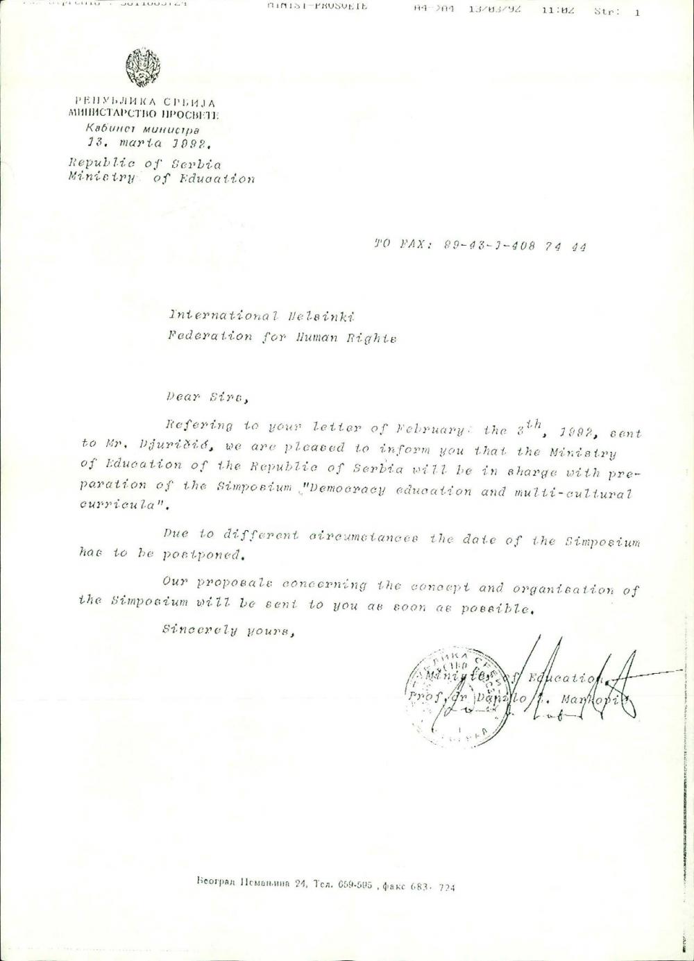 Dopis: Presentation "Democracy education and multi-cultural curricula)