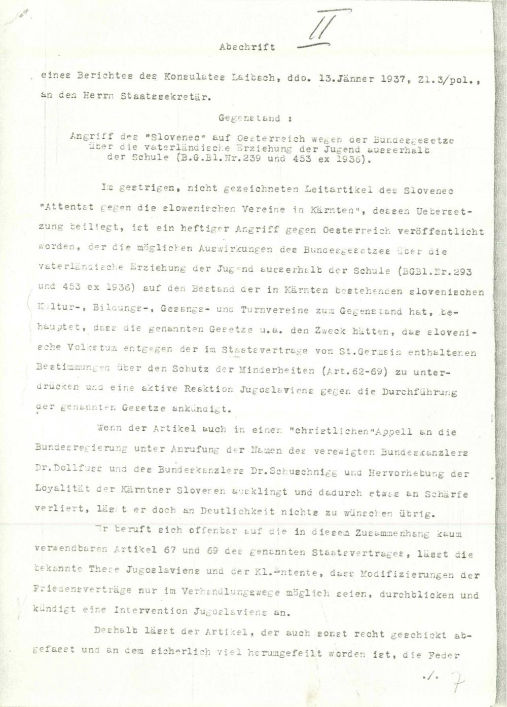 Abschrift eines Berichtes des Konsulates Laibach, ddo. 13. Jänner 1937, 21.3/pol., an den Herrn Staatssekretär