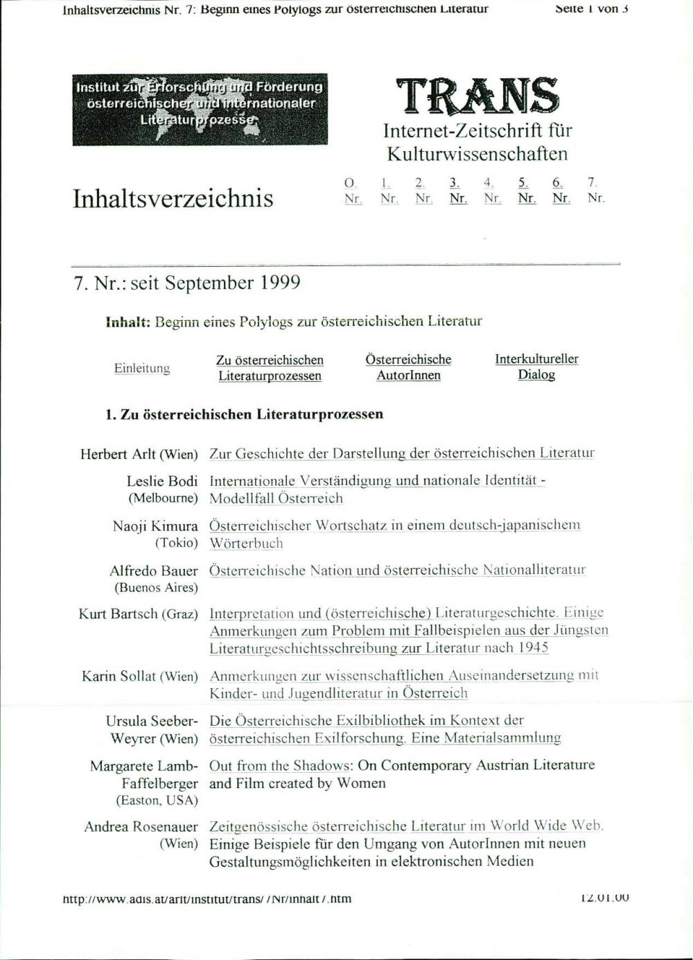 TRANS – Internet Zeitschrift für Kulturwissenschaften: Inhaltsverzeichnis / vsebina, Nr. 7