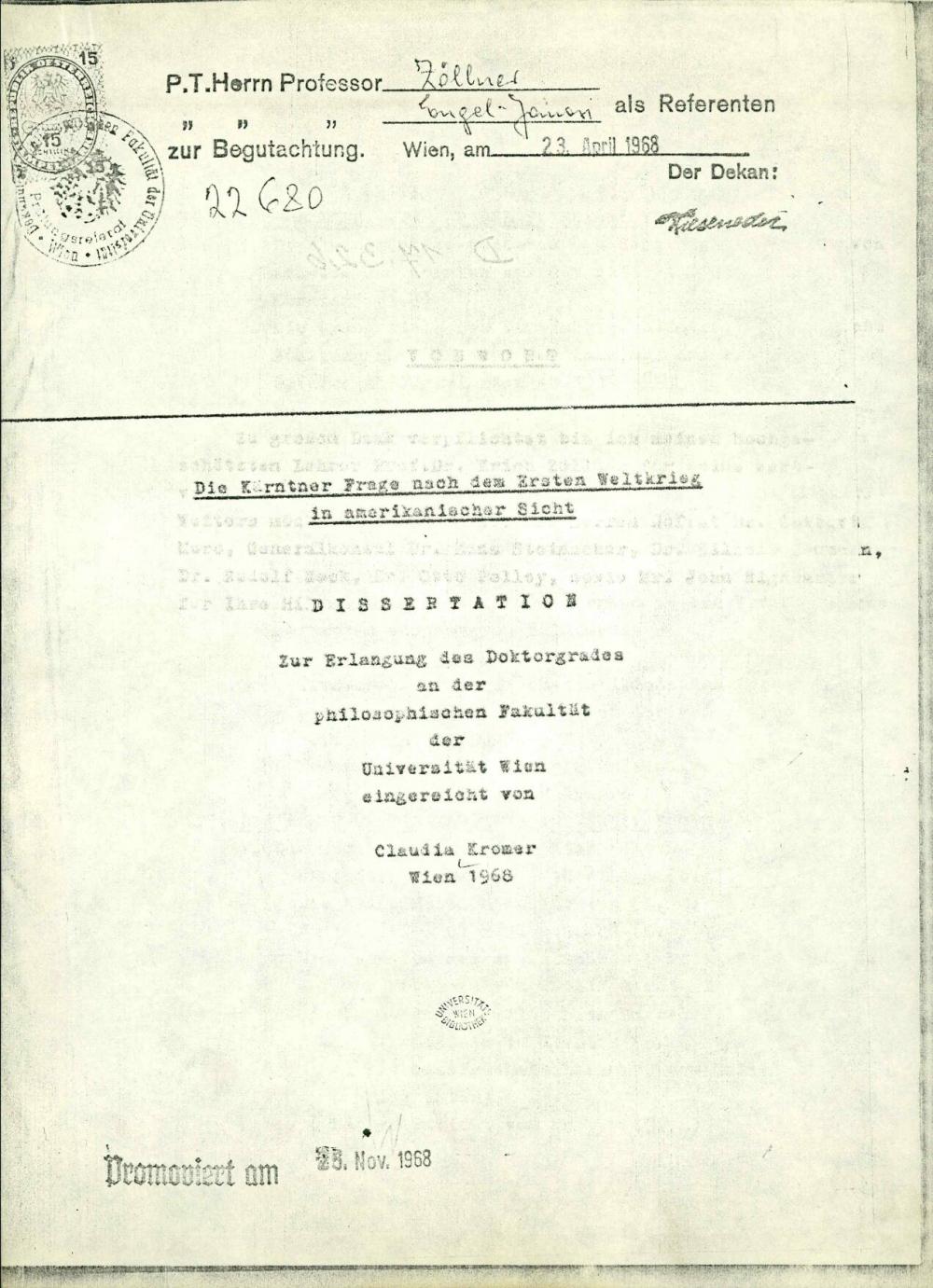 Die Kärntner Frage nach dem Ersten Weltkrieg in amerikanischer Sicht