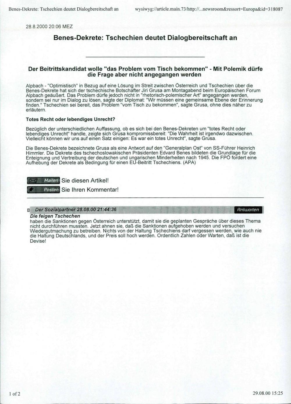 Benes-Dekrete: Tschechien deutet Dialogbereitschaft an