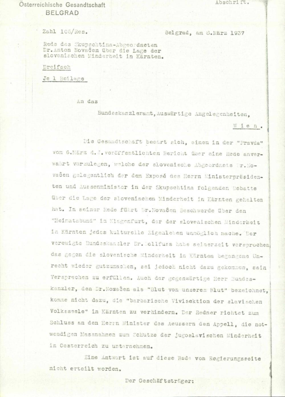 Rede des SkupschtIna – Abgeordneten Dr. Anton Novačen über die Lage der slovenischen Minderheit in Kärnten