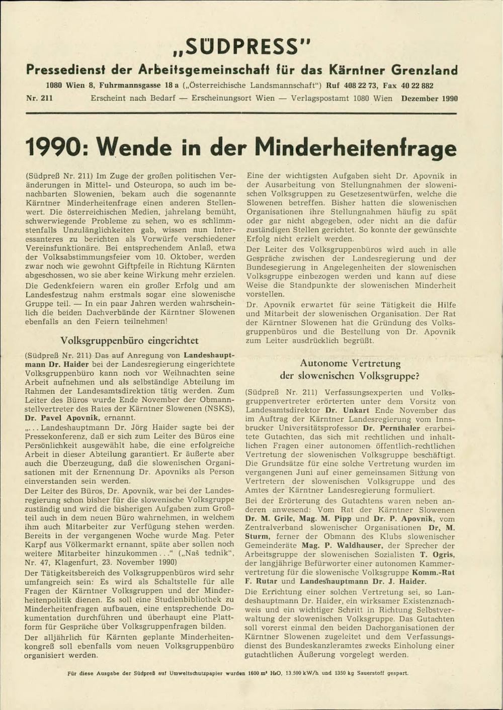 "Südpress" - Pressedienst der Arbeitsgemeinschaft für das Kärntner Grenzland, Nr. 211