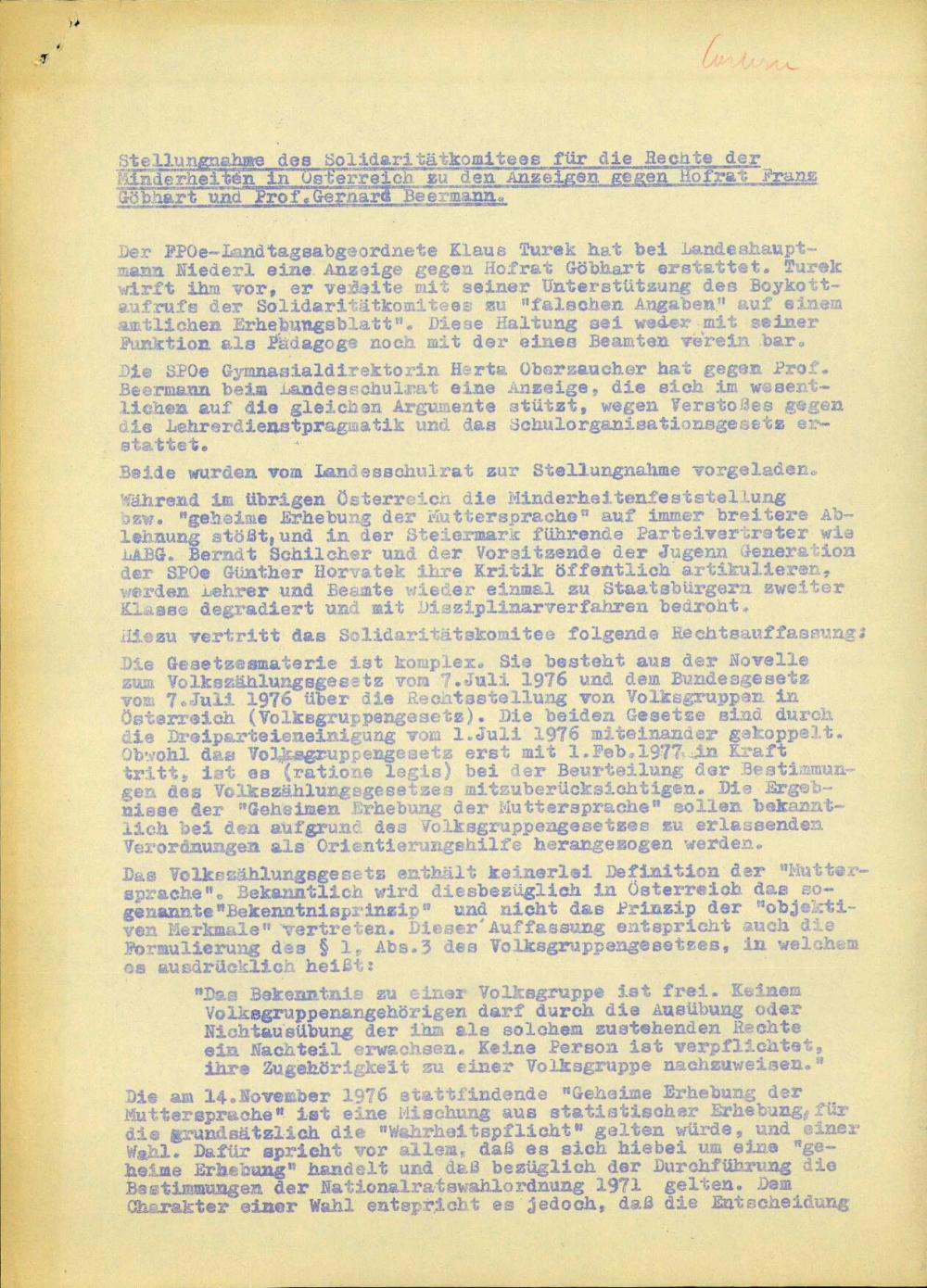 Stellungsnahme des Solidaritätkomitees für die Rechte der Minderheiten in Österreich zu den Anzeigen gegen Hofrat Franz Göbhart und Prof. Gerhard Beermann