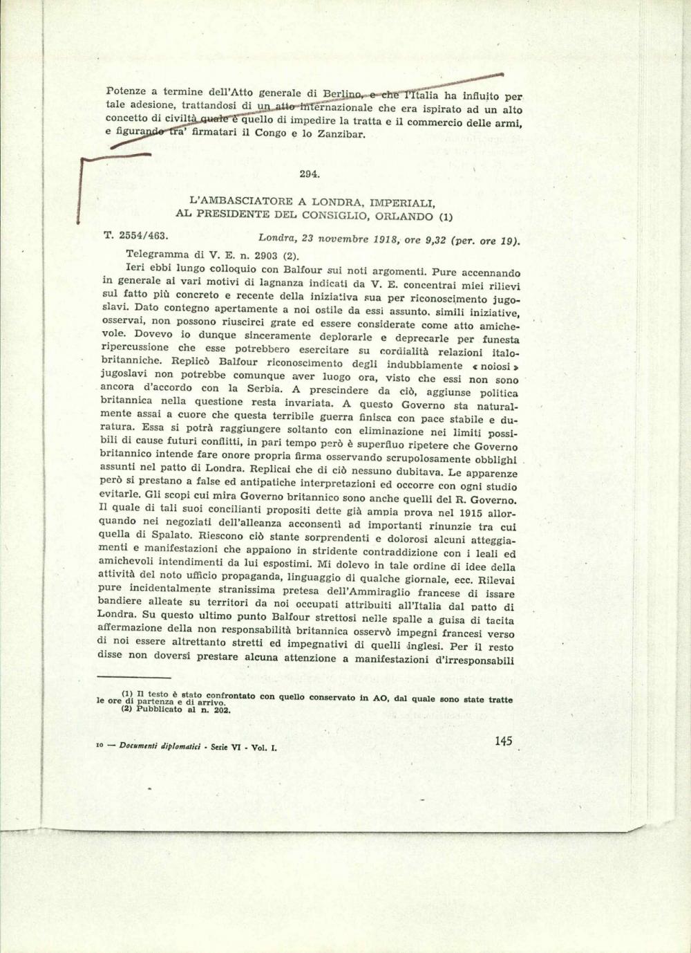 L'ambasciatore a Londra, Imperiali, al presidente del consiglio, Orlando (1)