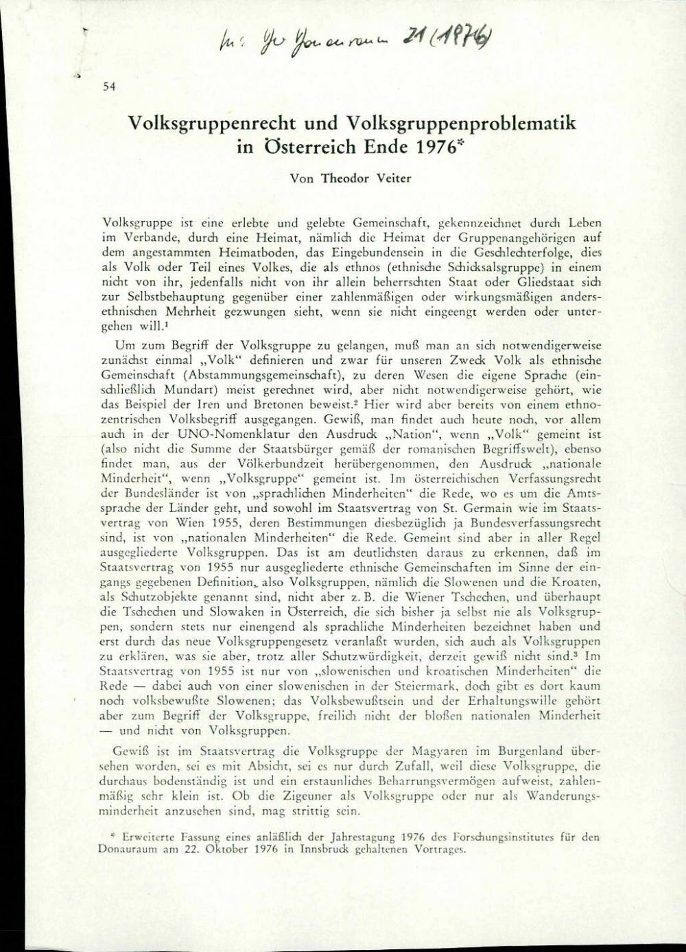 Volksgruppenrecht und Volksgruppenproblematik in Österreich Ende 1976