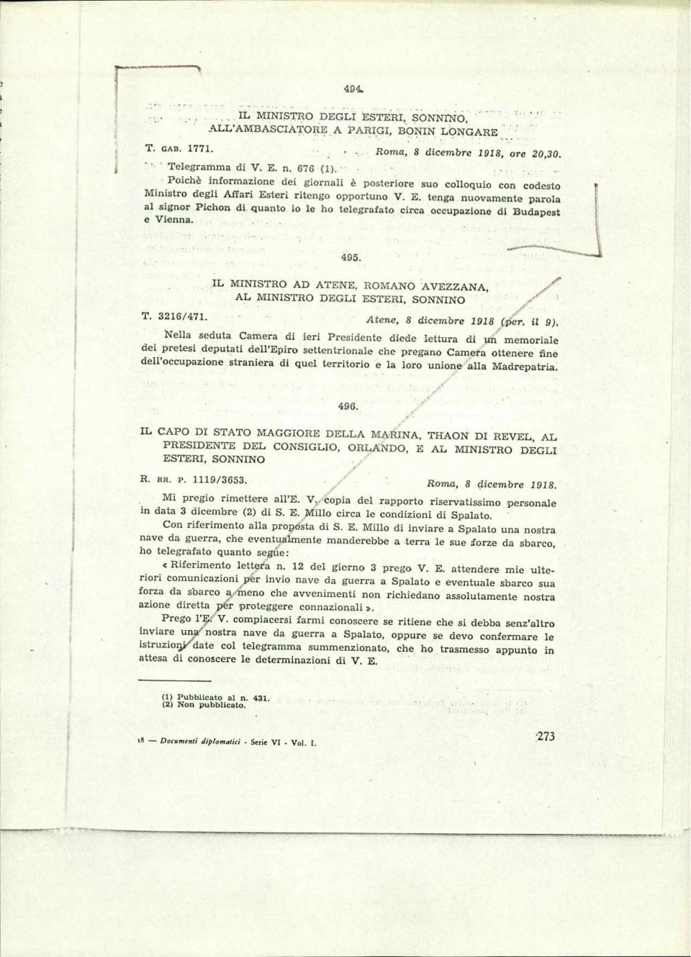 Il ministro degli esteri, Sonnino, all'ambasciatore a Parigi, Bonin Longare