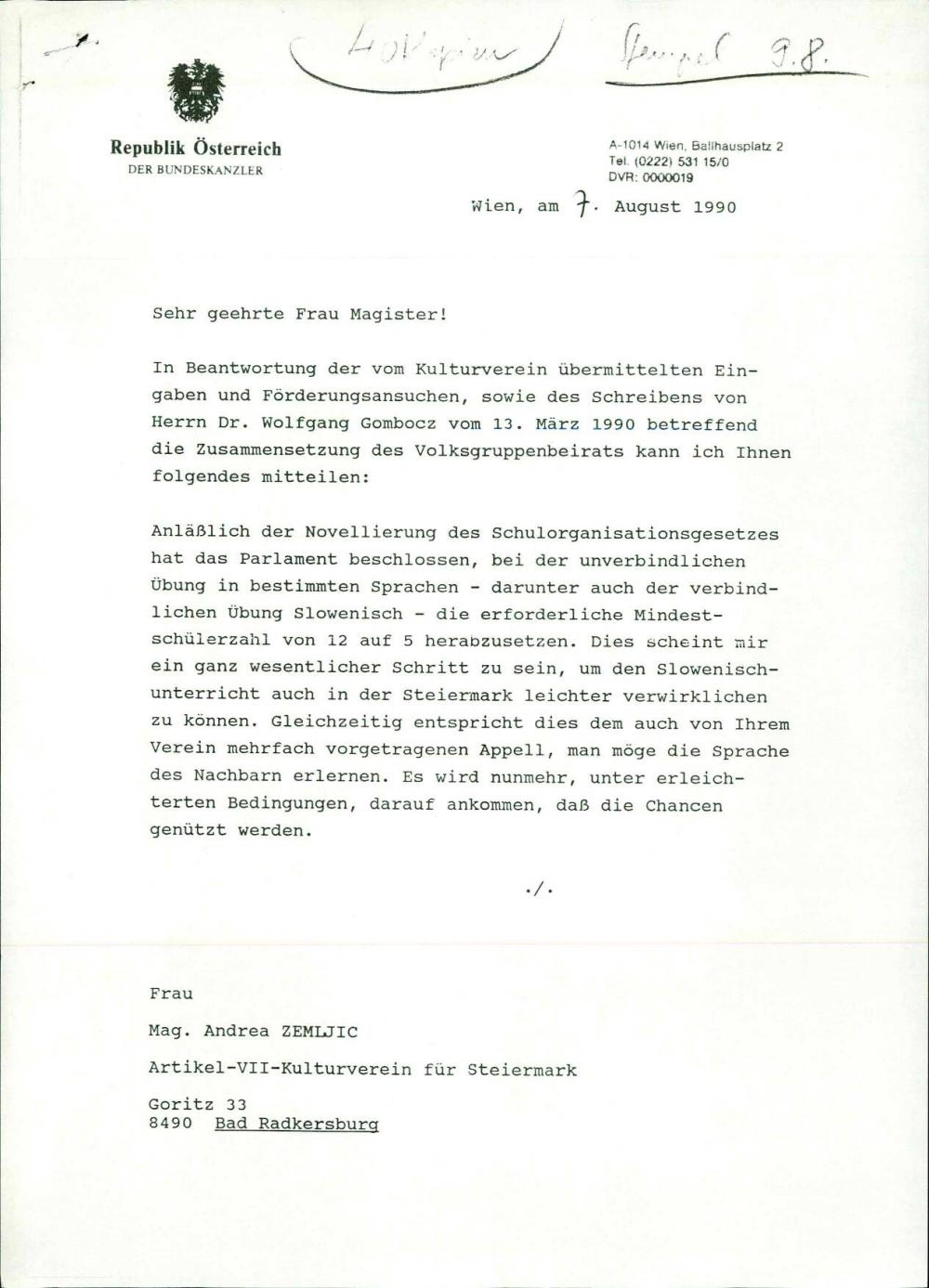 Dopis: Artikel-VII-Kulturverein für Steiermark