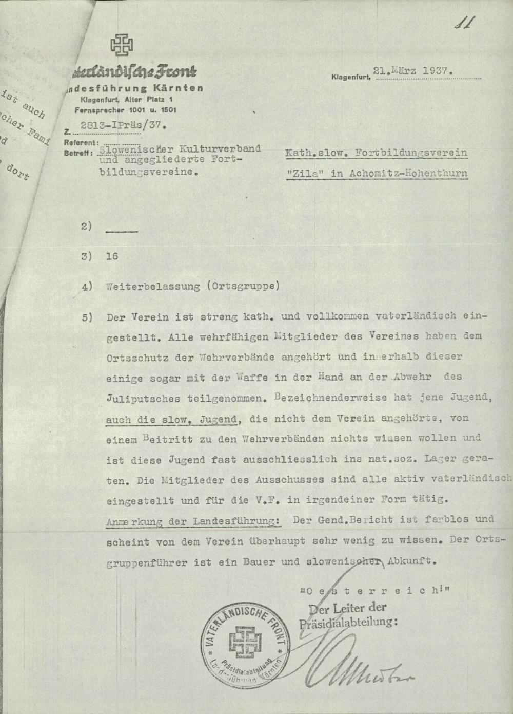Poročilo: Katholisches slowenisches Fortbildungverein »Zila« in Achomitz - Hohenturn