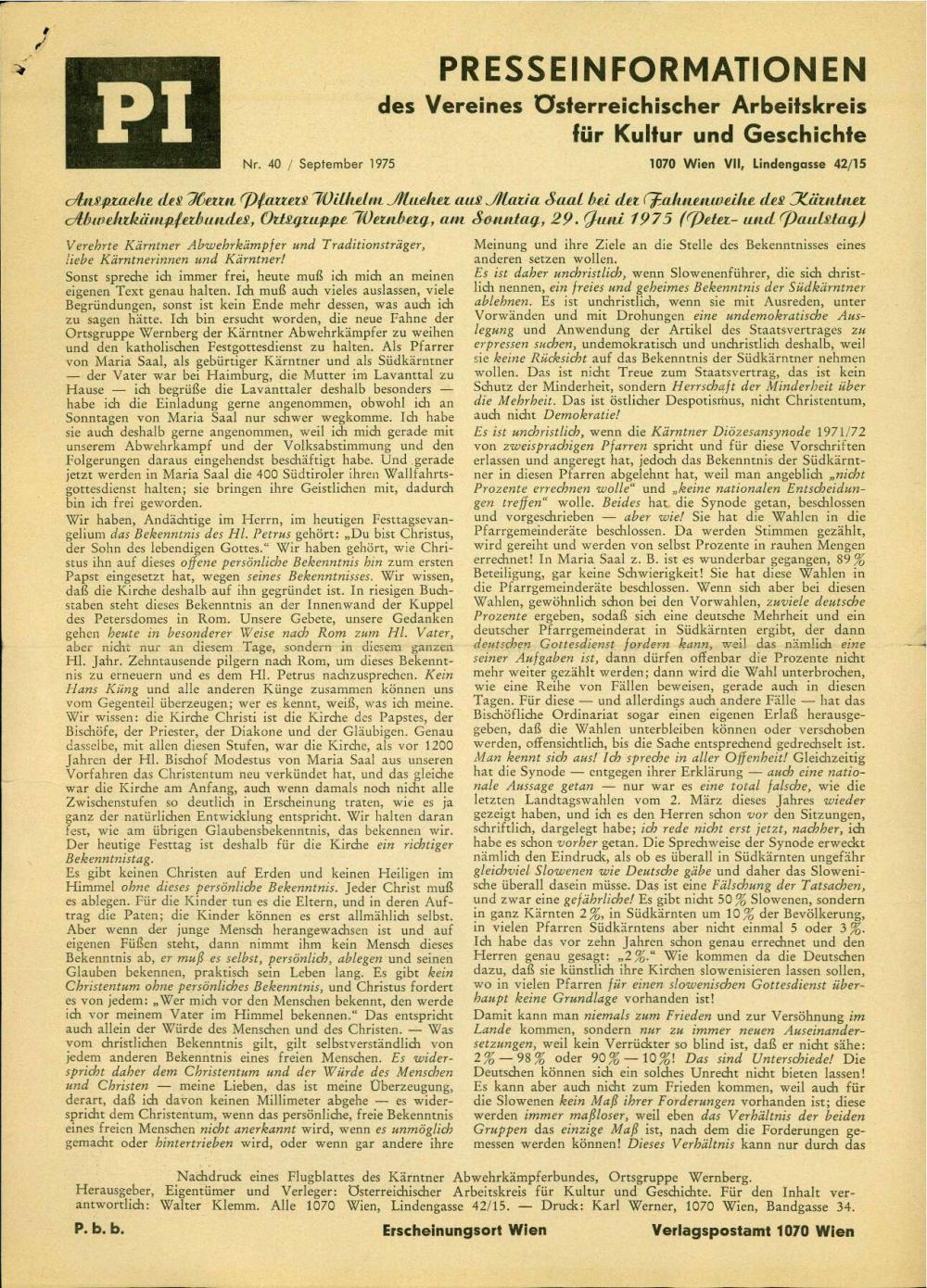 Ansprache des Herrn Pfarrers Wilhelm Mucher aus Maria Saal bei der Fahnenweihe der Kärntner Abwehrkämpferbundes