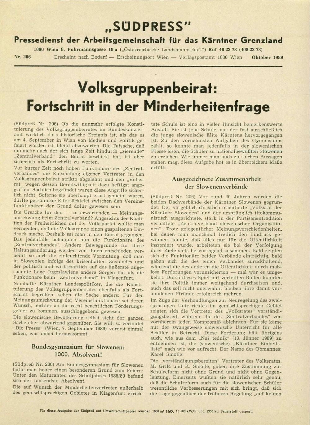 »Südpress« : Pressedienst der Arbeitsgemeinschaft das Kärntner Grenzland, Nr. 206