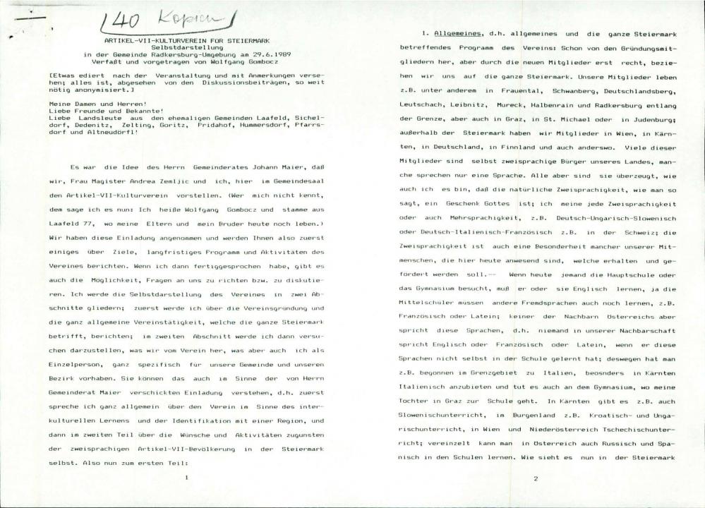 Selbstdarstellung in der Gemeinde Radkersburg-Umgebung am 29.6.1989