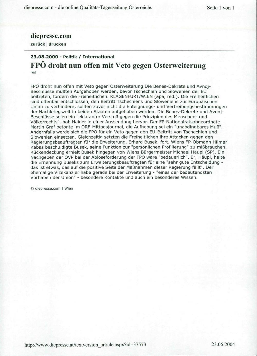 FPÖ droht nun offen mit Veto gegen Osterweiterung