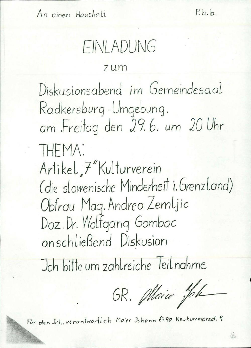 Einladung zum Diskusionsabend im Gemeindesaal Radkesburg – Umgebung