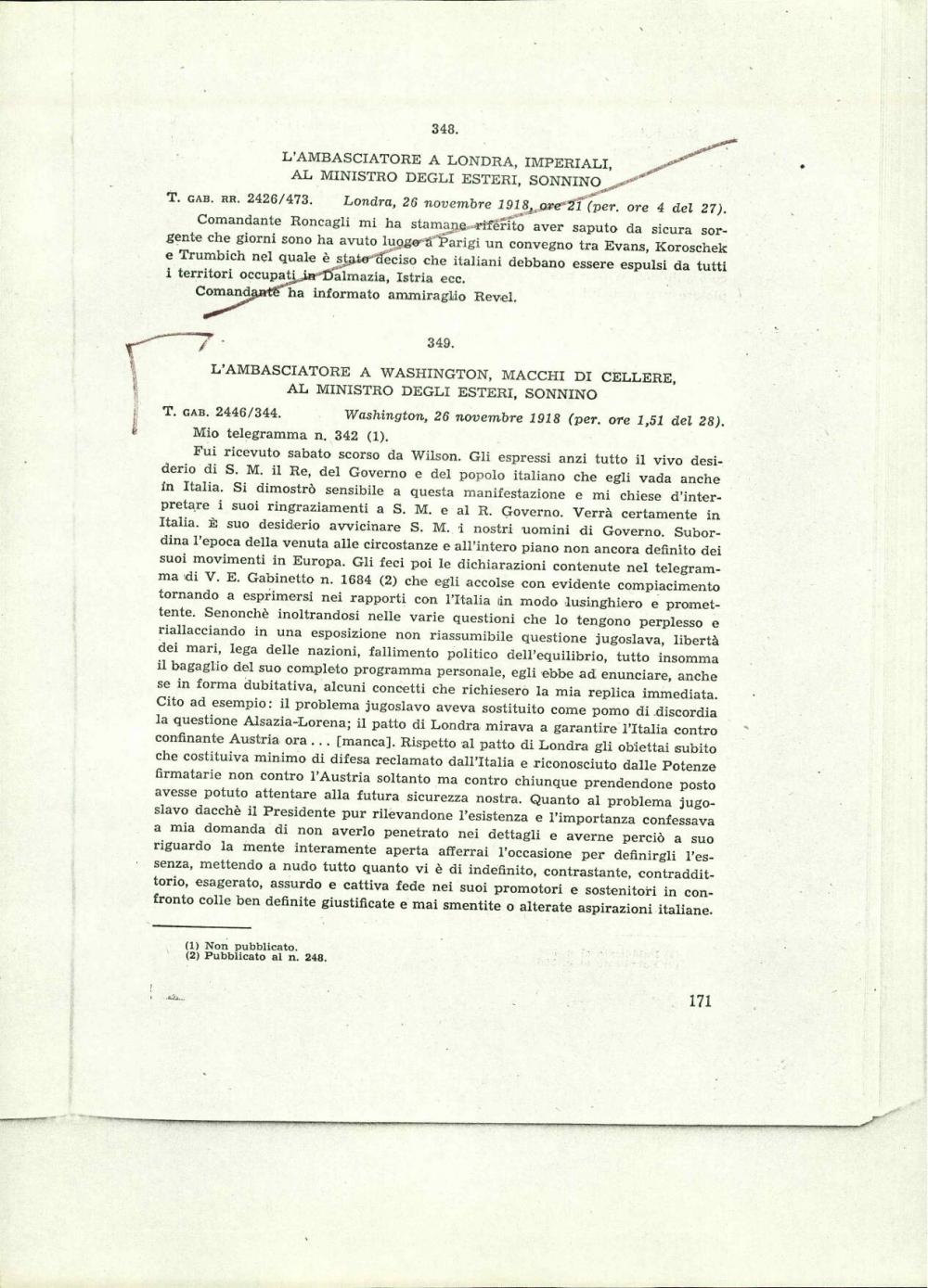 L'ambasciatore a Washington, Macchi di Cellere al ministro degli esteri, Sonnino
