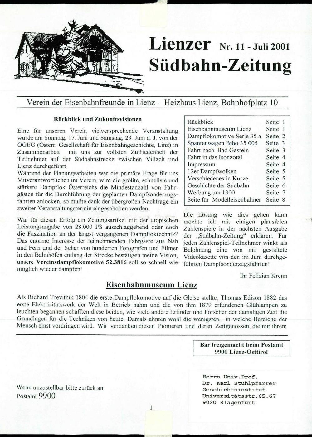 Lienzer Südbahn-Zeitung,  Nr. 11 - Juli 2001
