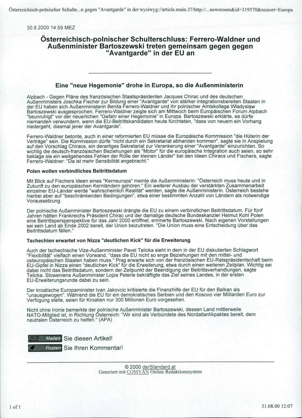 Österreichisch-polnischer Schulterschluss: Ferrero-Waldner und Außenminister Bartoszewski treten gemeinsam gegen gegen "Avantgarde" in der EU an