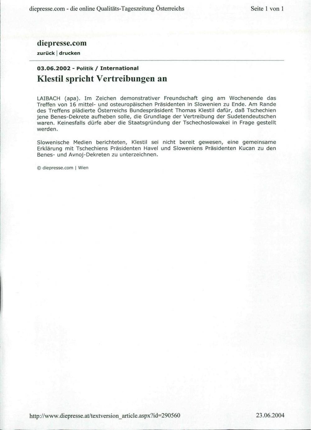 Klestil spricht Vertreibungen an