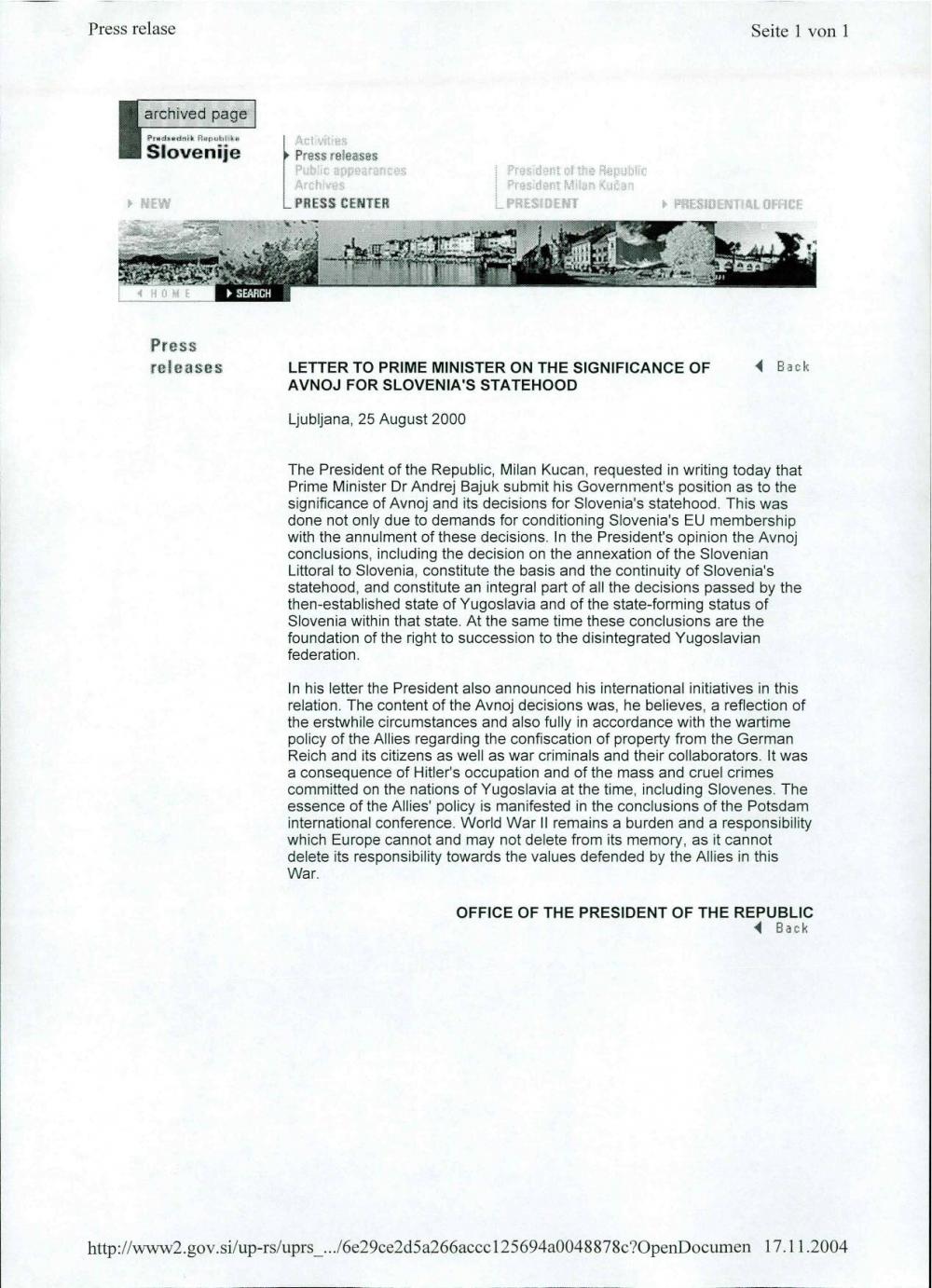 Letter to prime minister on the Significance of AVNOJ for Slovenia's statehood