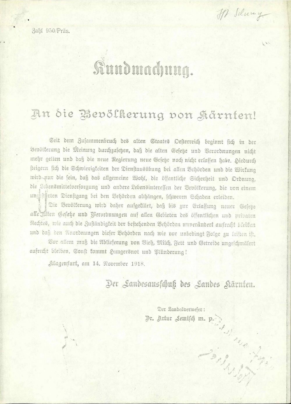 Kundmachung an die Bevölkerung  von Kärnten