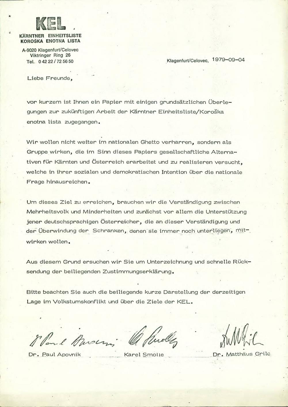 Dopis o prihodnjem delu liste Kärntner E... - nosilna