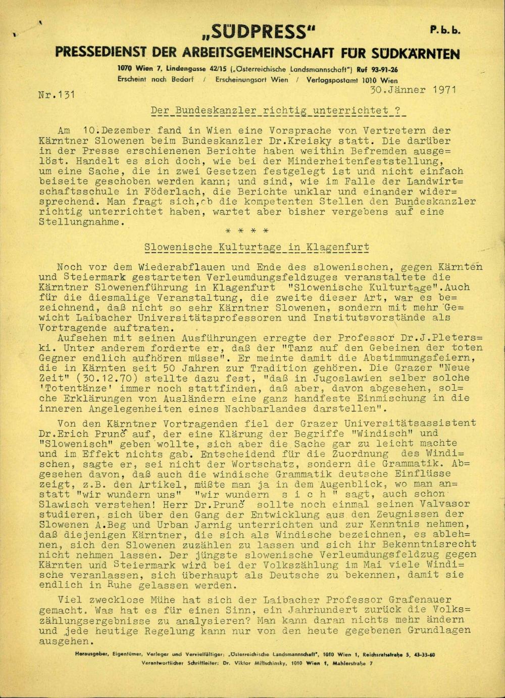 »Südpress« : Pressedienst der Arbeitsgemeinschaft für Südkärnten, Nr. 131