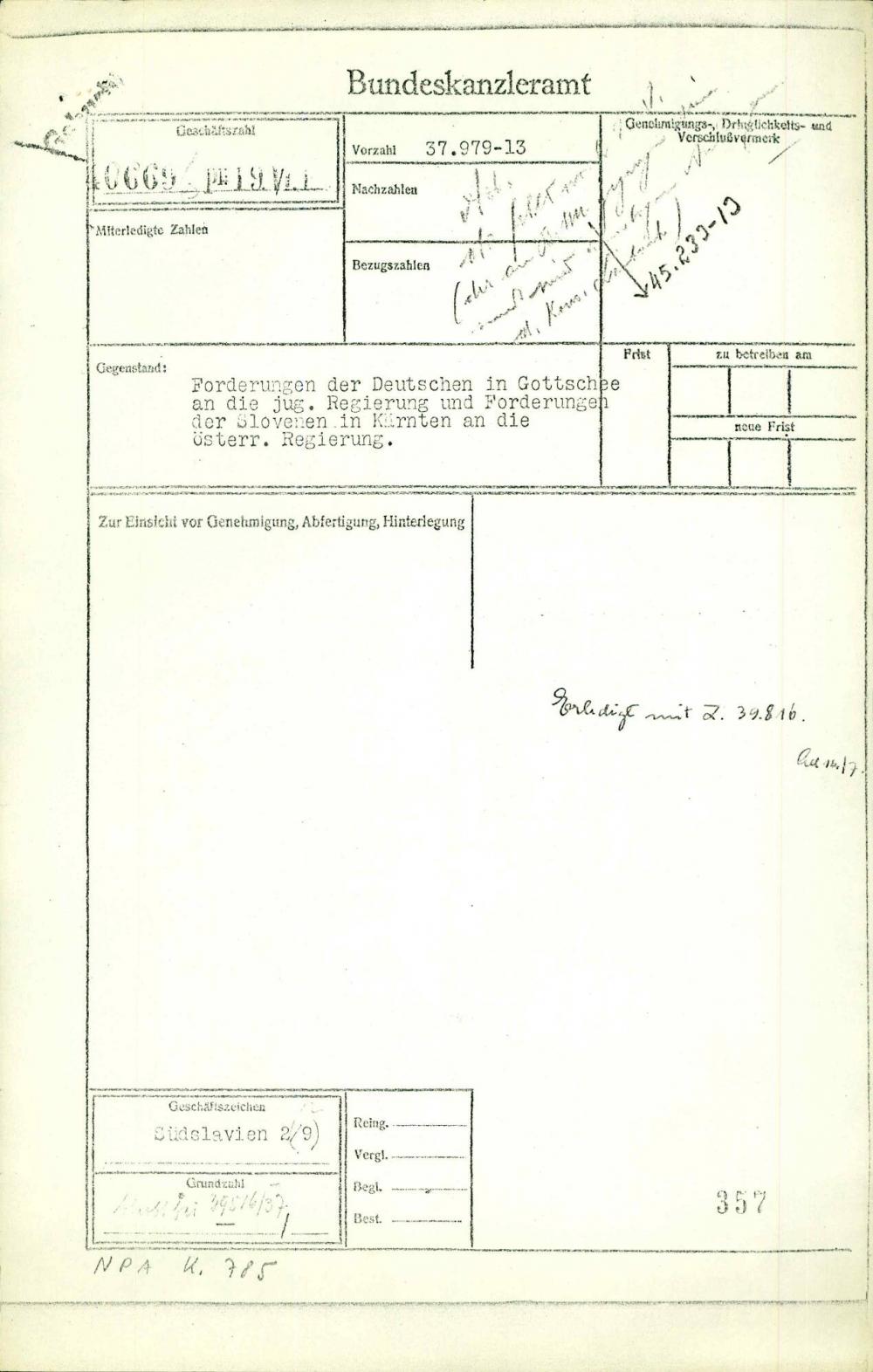 Forderungen der Deutschen in Gottschee an die jug. Regierung und Forderungen der Slovenen in Kärnten an die österr. Regierung