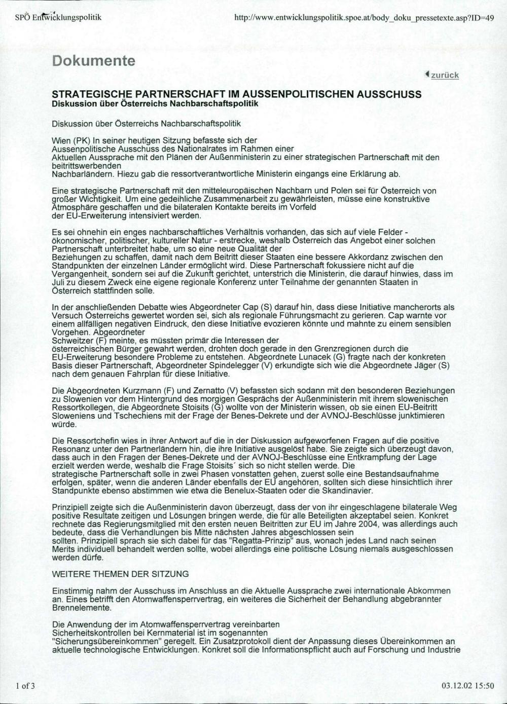 Strategische Partnerschaft im aussenpolitischen Ausschuss - Diskussion über Österreichs Nachbarschaftspolitik