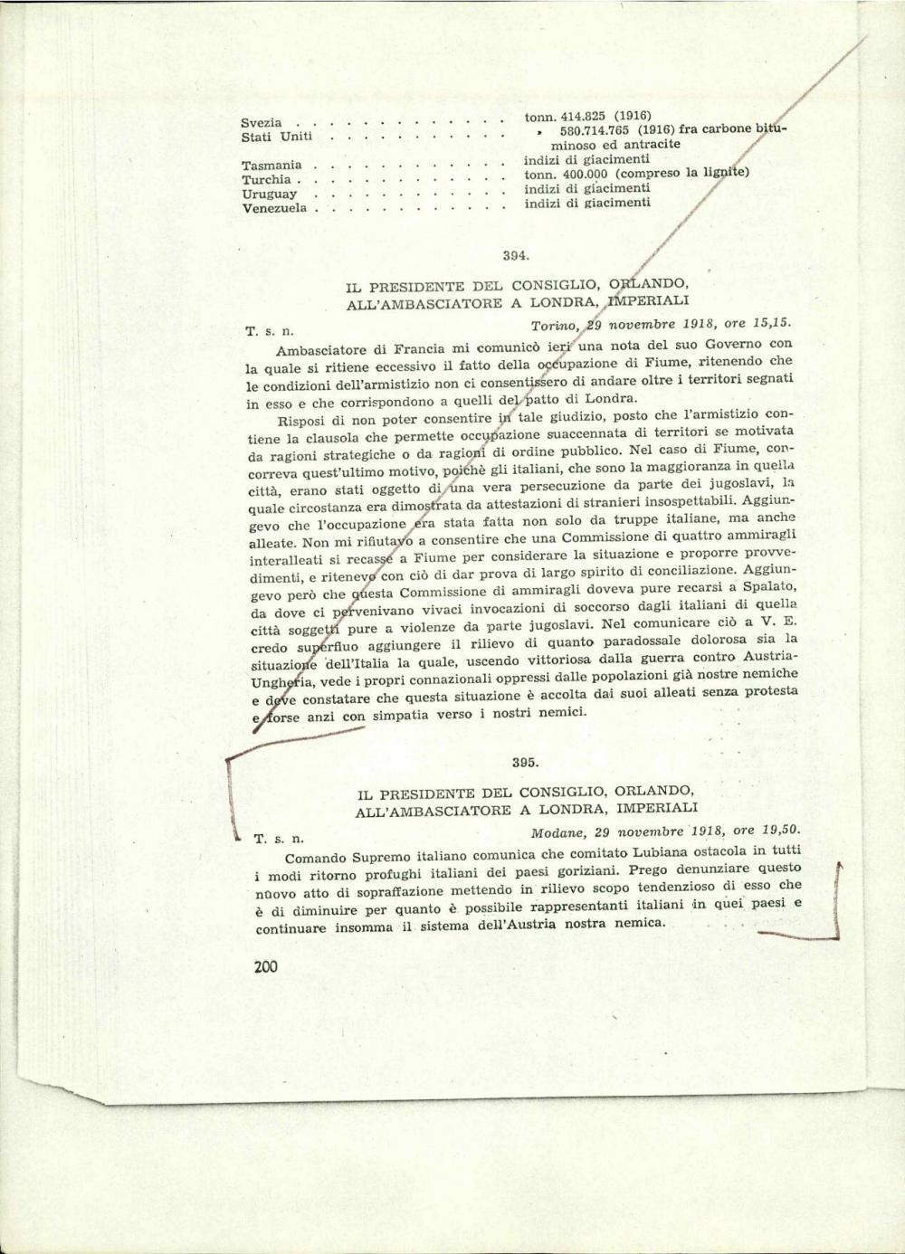 Il presidente del consiglio, Orlando, all'ambasciatore a Londra, Imperiali