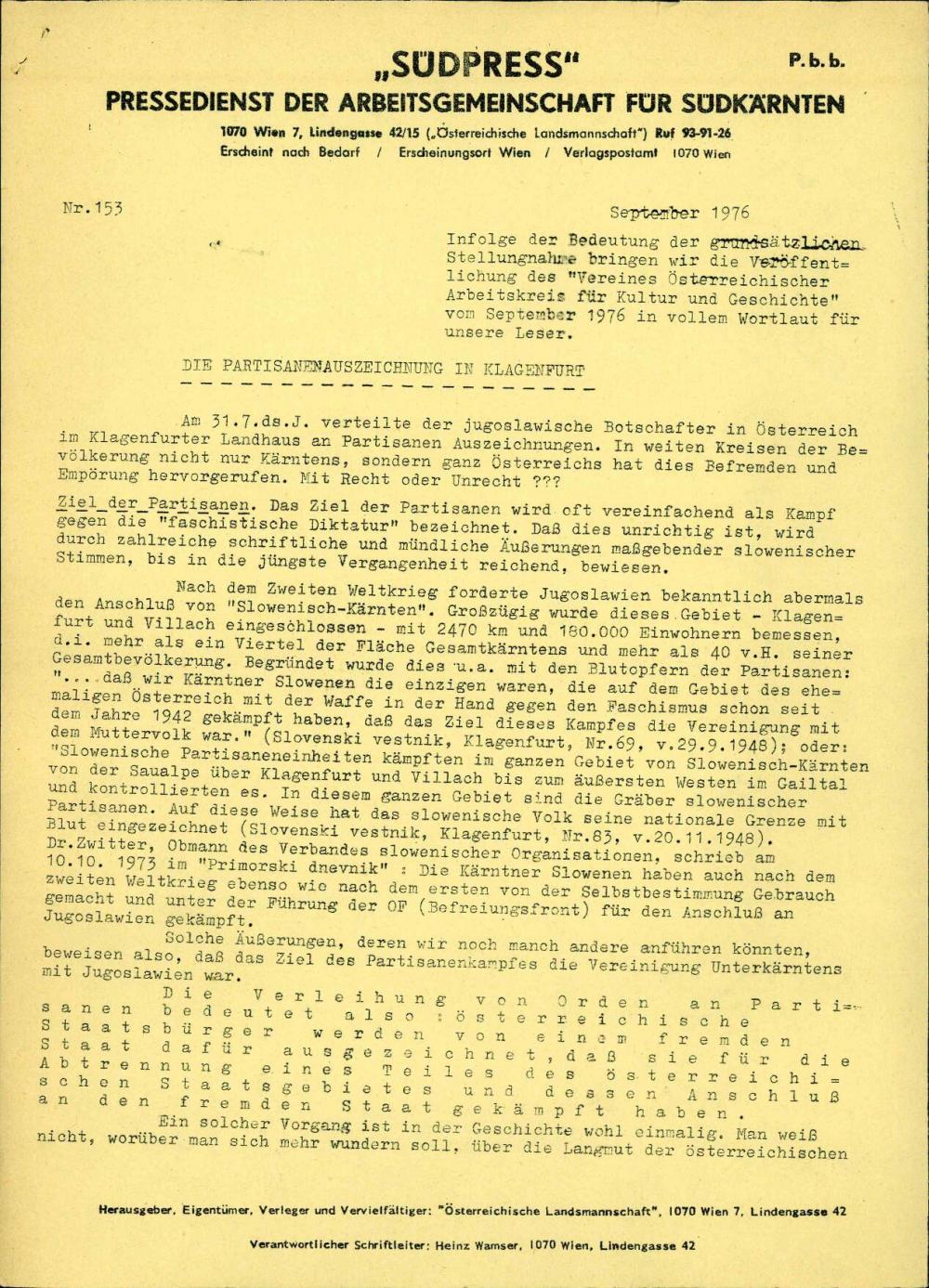 »Südpress« : Pressedienst der Arbeitsgemeinschaft für Südkärnten, Nr. 153