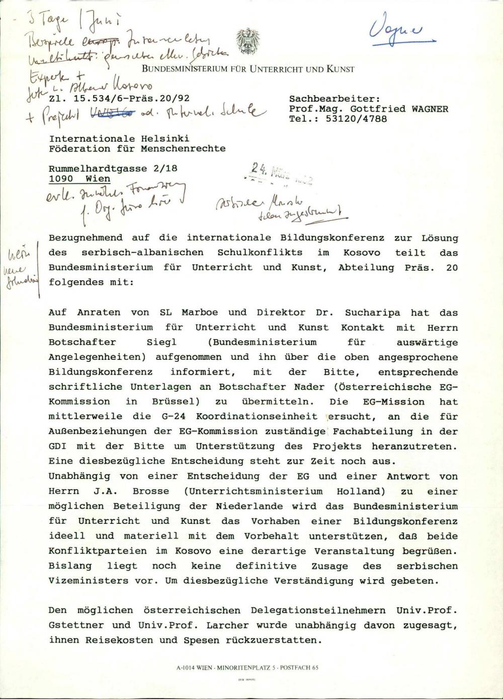 Dopis: Die internationale Bildungskonferenz zur Lösung des serbisch-albanischen Schulkonflikts im Kosovo
