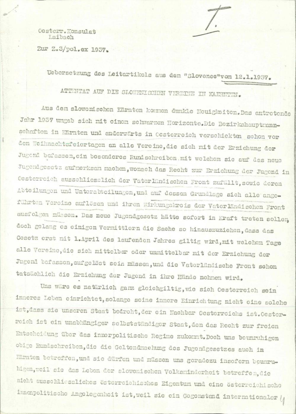 Dopis: Übersetzung des Leitartikels aus dem »Slovenec«  vom 12. 1. 1937; Attentat auf die slowenischen Vereine in Kärnten