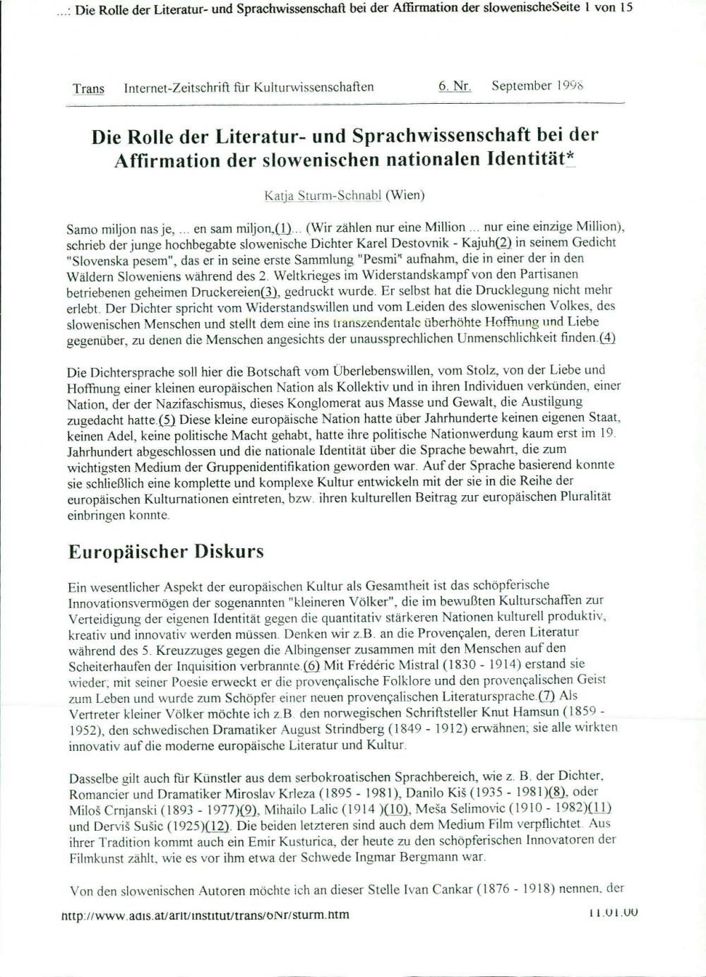 Die Rolle der Literatur- und Sprachwissenschaft bei der Affirmation der slowenischen nationalen Identität