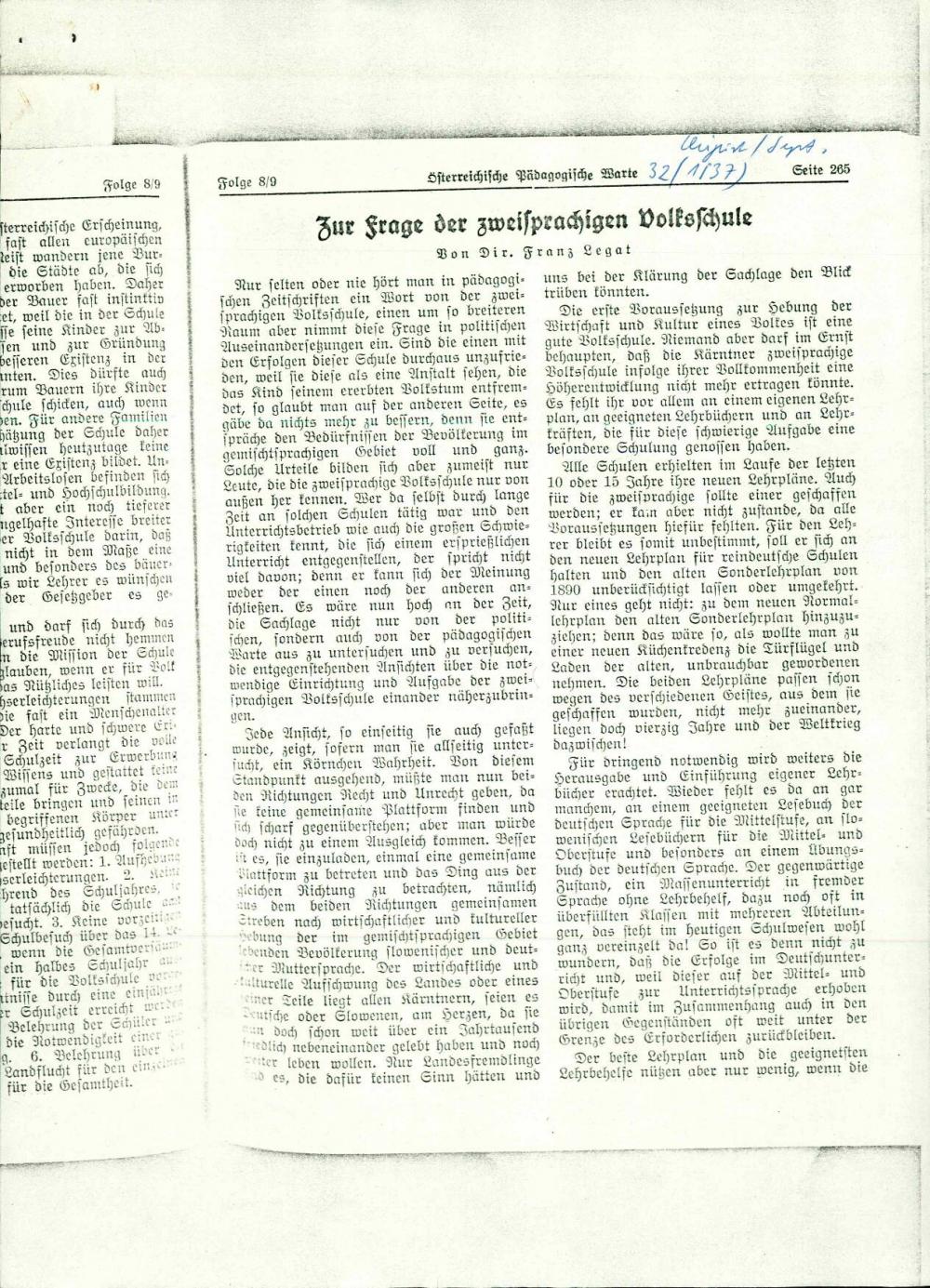 Zur Frage der zweisprachigen Volksschule