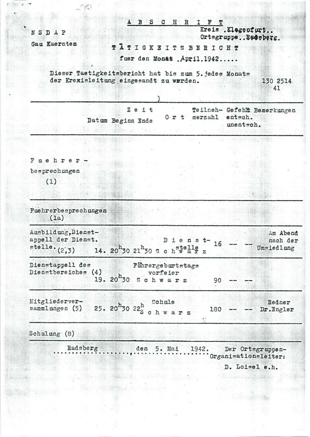 NSDAP za Koroško – krajevna skupina Radiše : delovno poročilo za mesec april 1942