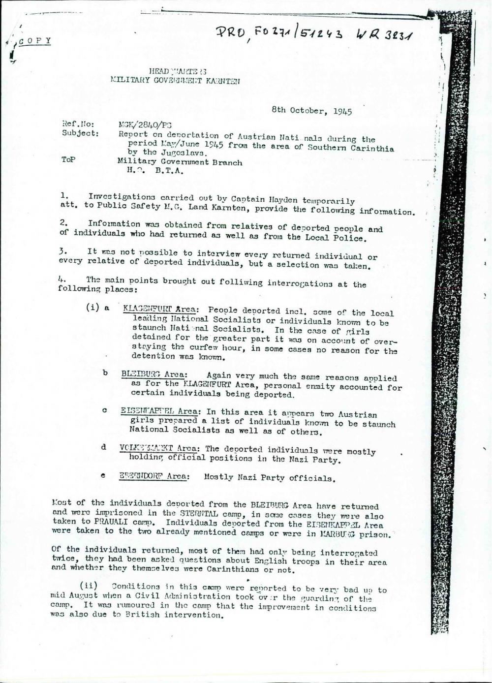 Report on deportation of Austrian Nationals during the Period May / June 1945 from the area of Southern Canthia  by the Jugoslavs